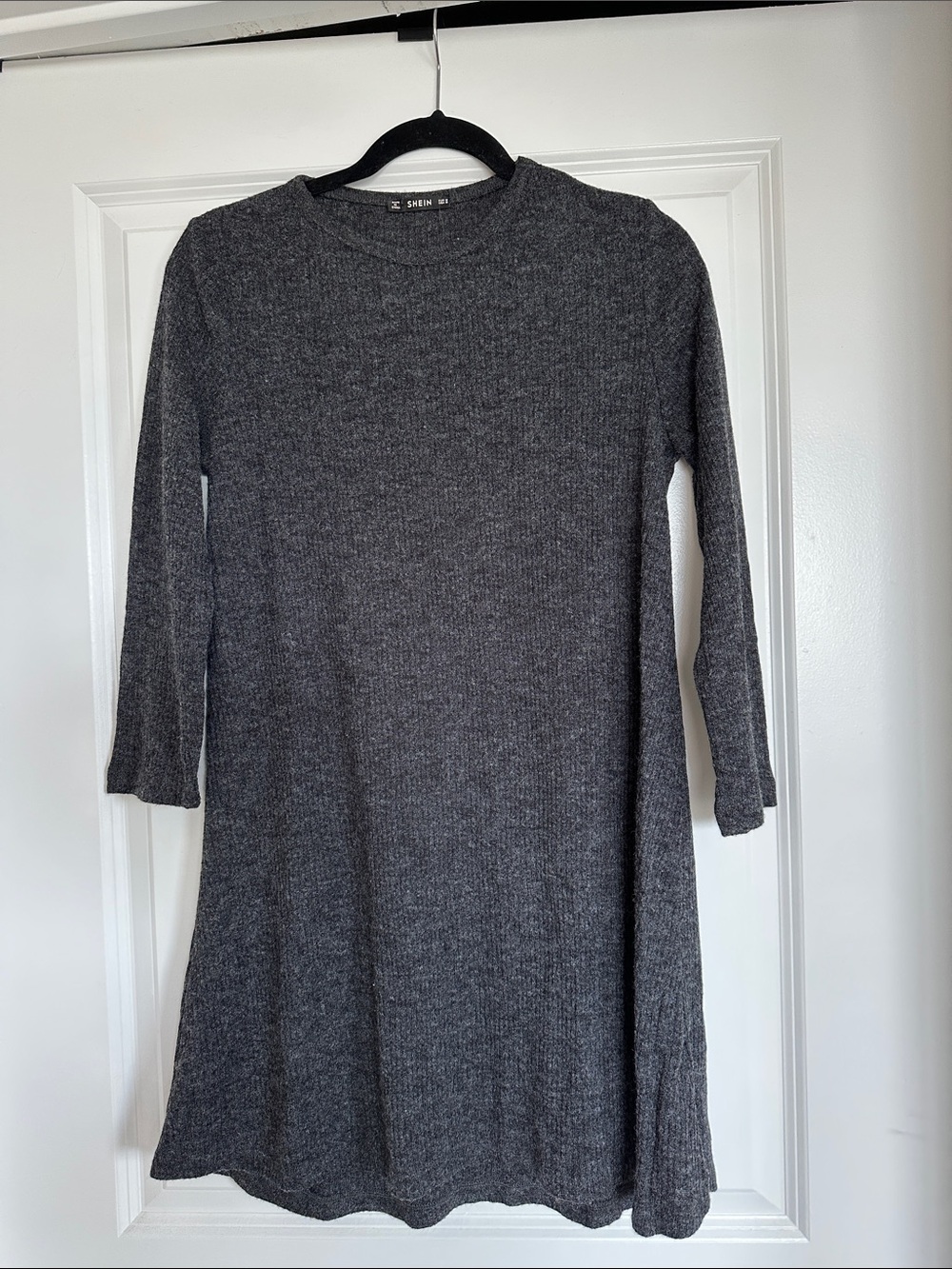 SHEIN Charcoal Gray Ribbed Long-Sleeve A-Line Sweater Dress